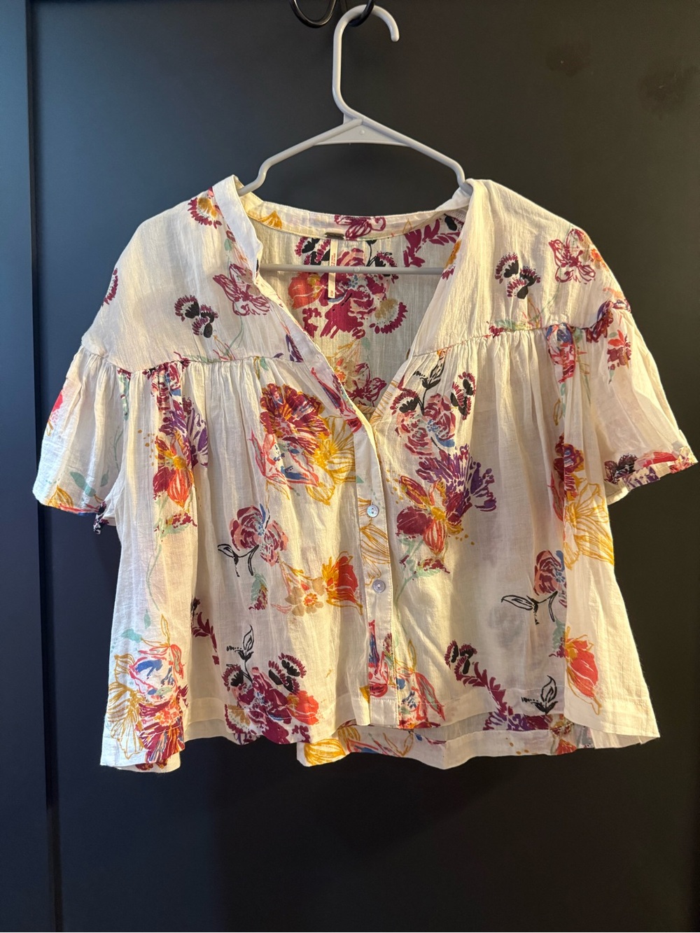 Free People Cream Floral Button-Front Blouse with Pink, Yellow & Purple Accents